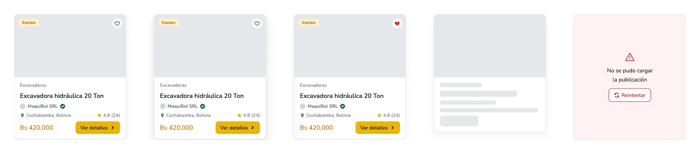 Estados de tarjetas de producto de Construvia
