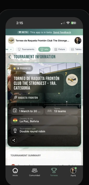 Detalle de torneo en la app